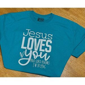 Jesus Love You And Lord Knows I'm Trying T-Shirt Jade Color Boutique Sz 2XL